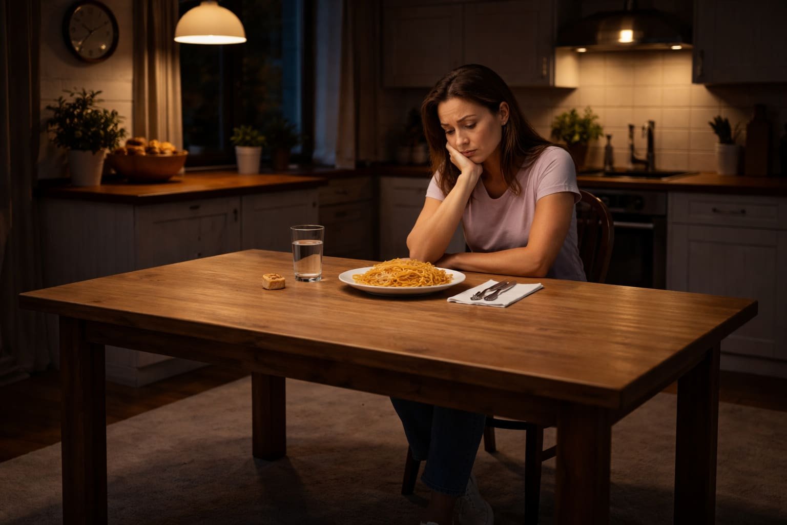 femme assise à table le soir regardant une assiette avec une source de glucides et un verre d’eau